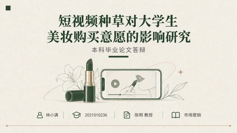 AI 生成的 PPT 示例：短视频种草对大学生美妆购买意愿的影响研究（第 1 张）