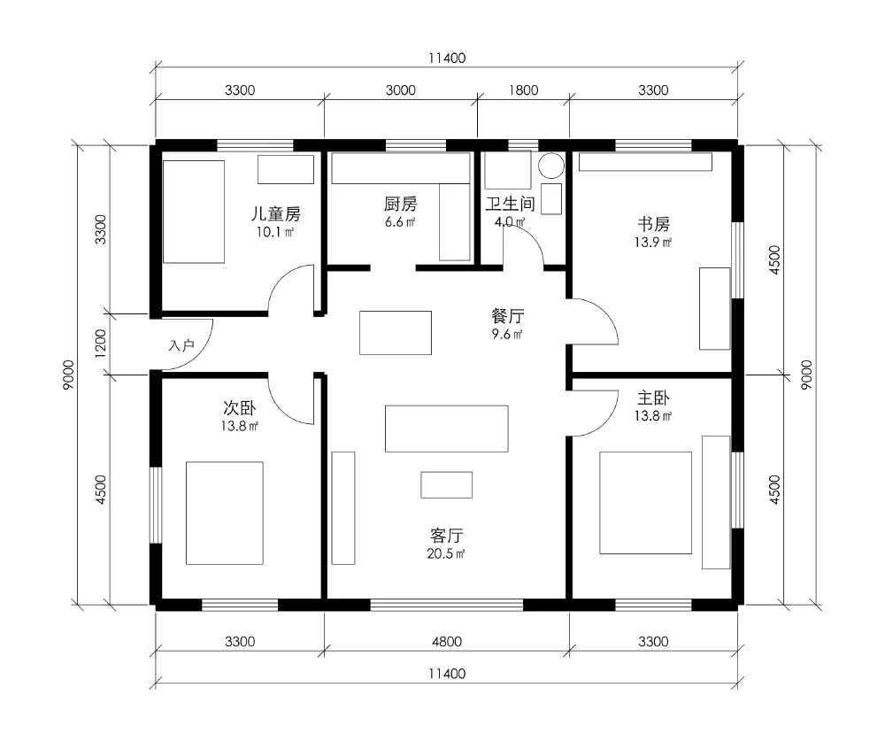 AI 装修效果图示例：四室两厅 · 103㎡（CAD 图纸）
