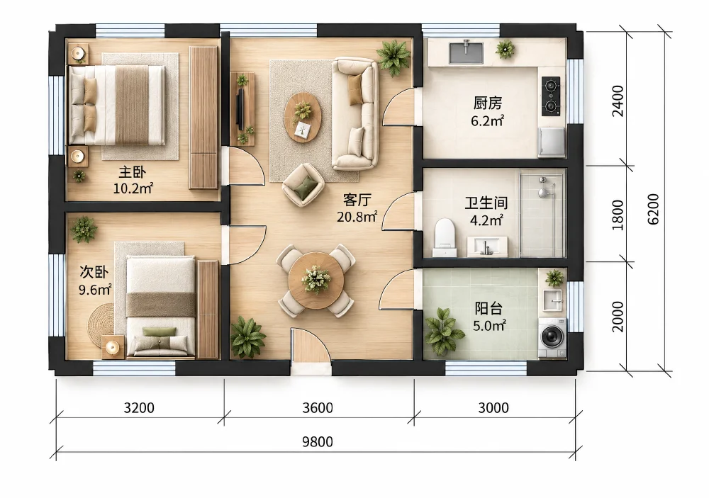 AI 装修效果图示例：两室一厅 · 61㎡（第 1 张）