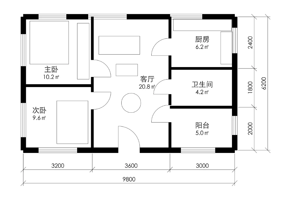 AI 装修效果图示例：两室一厅 · 61㎡（CAD 图纸）