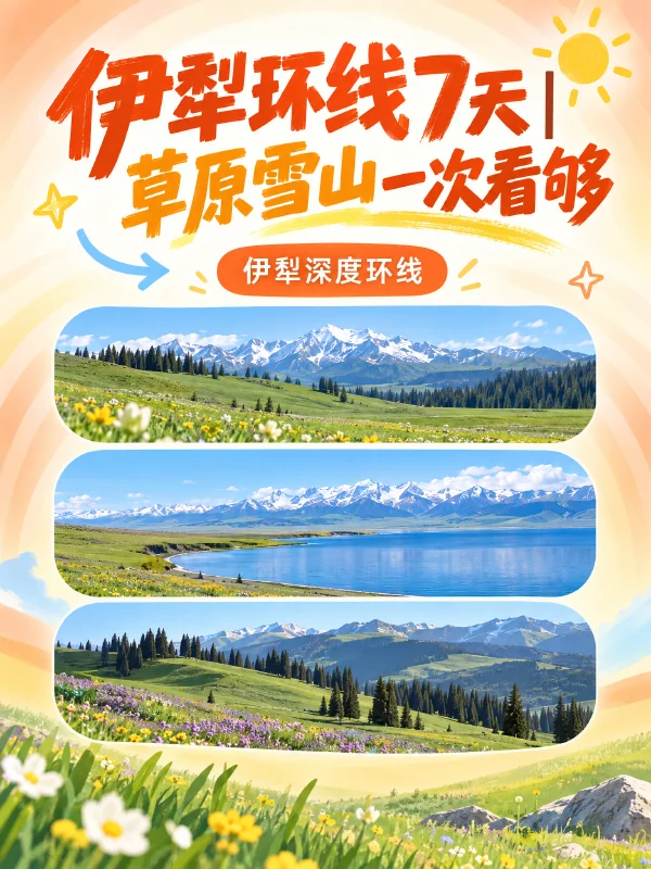 小红书笔记示例：伊犁环线7天｜草原雪山一次看够（第 1 张）