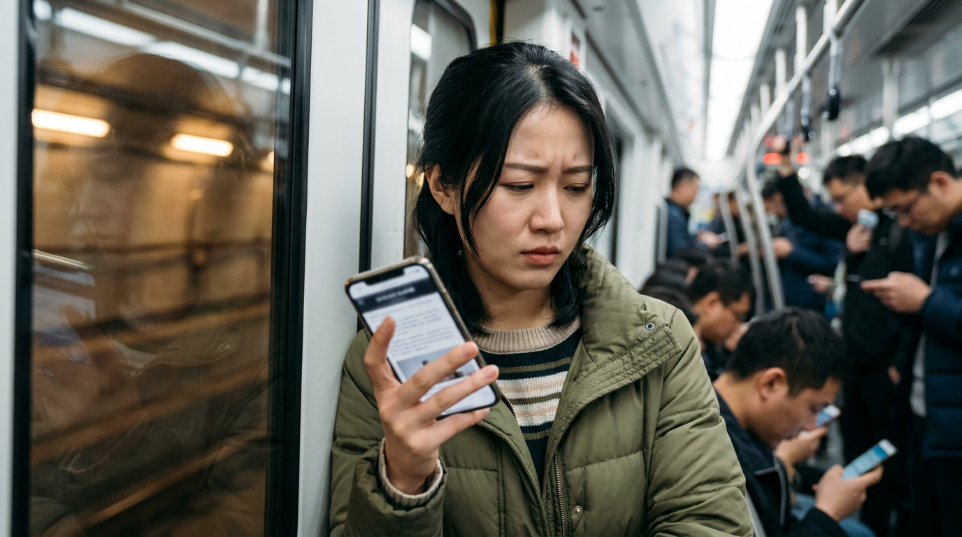 一位中国女性在拥挤的地铁车厢里,疲惫地看着手机上一篇信息密集、让人难以抓住重点的公众号文章。