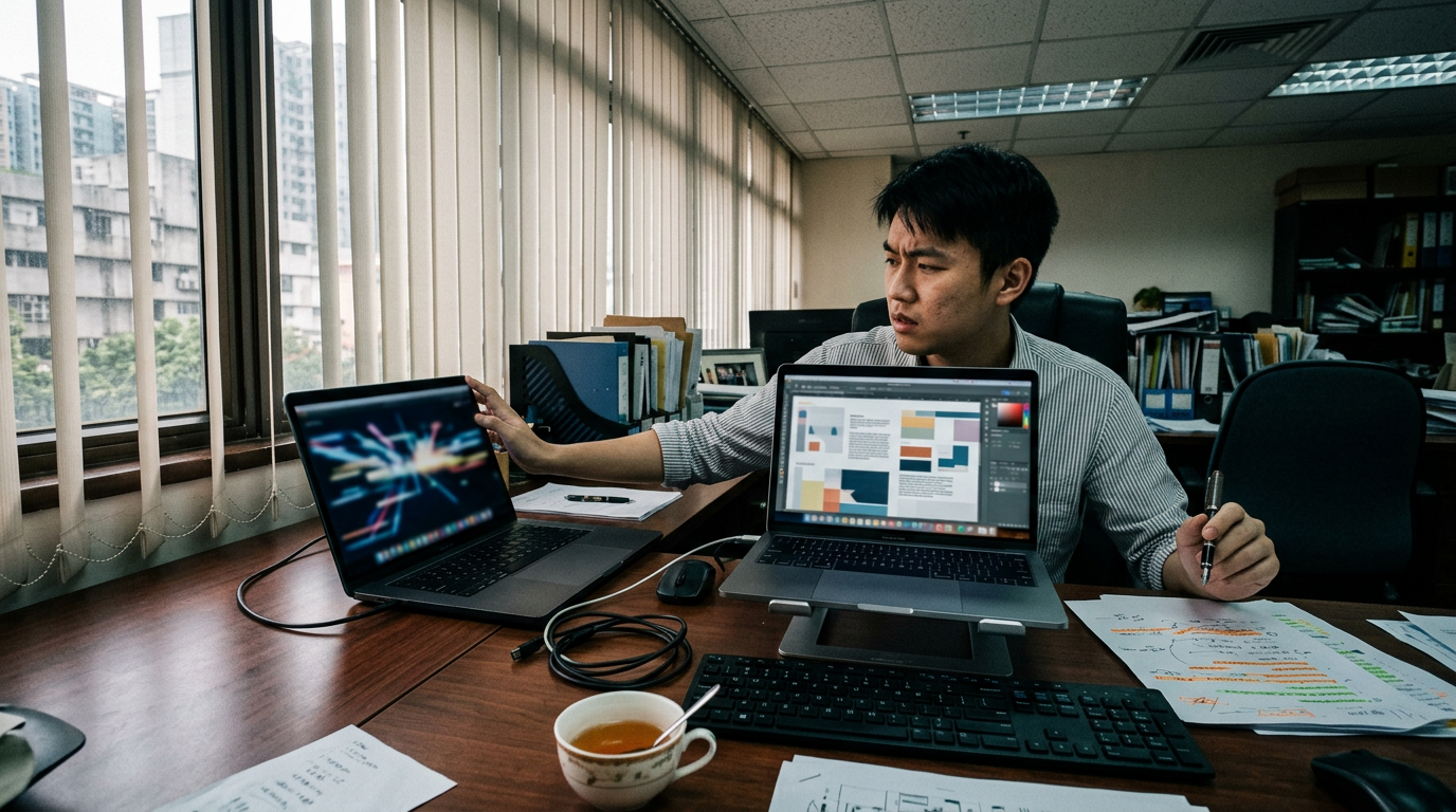 年轻男性在国内工位上同时面对多台设备和纸质文稿，神情疲惫。