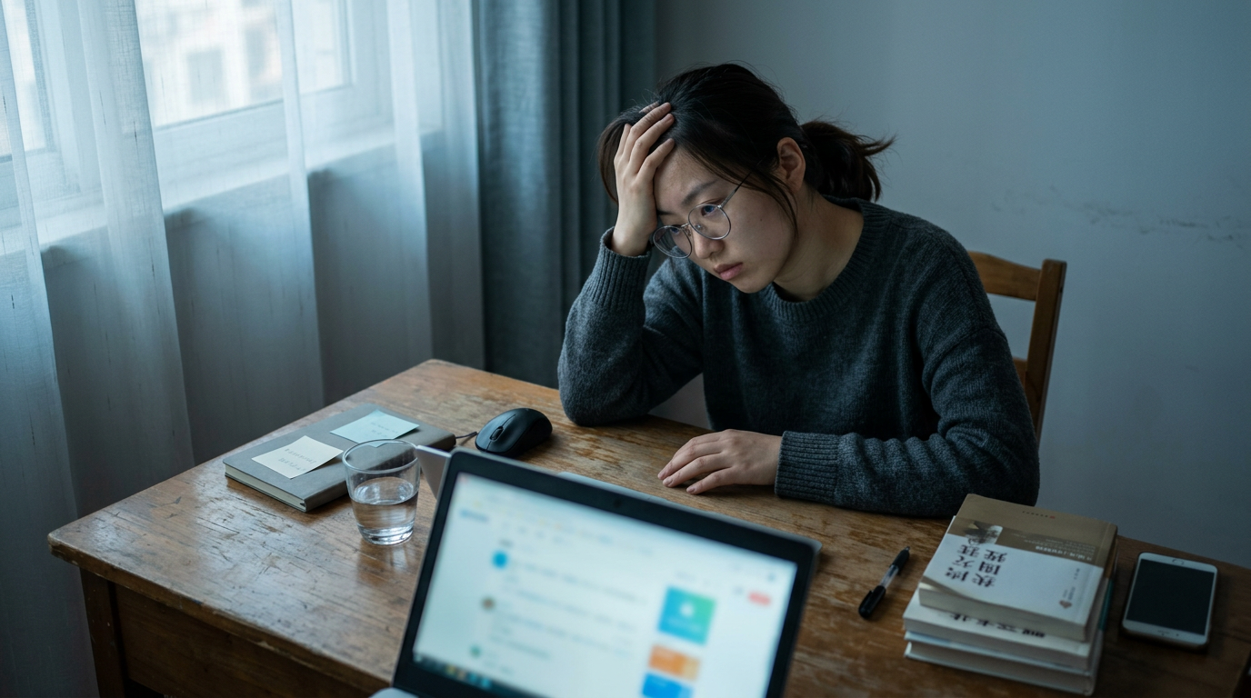 一位疲惫的中国女创作者在书房里面对笔记本电脑上模糊的公众号编辑界面,手扶额头无奈叹气。