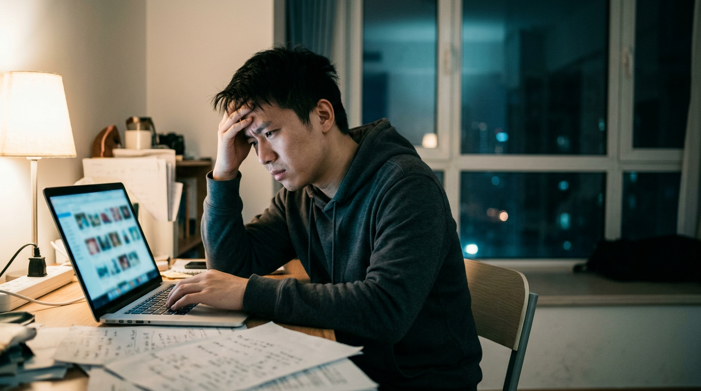 一位焦虑的中国男性自媒体人在深夜的书桌前,对着一台屏幕模糊的笔记本电脑发愁,手撑额头。