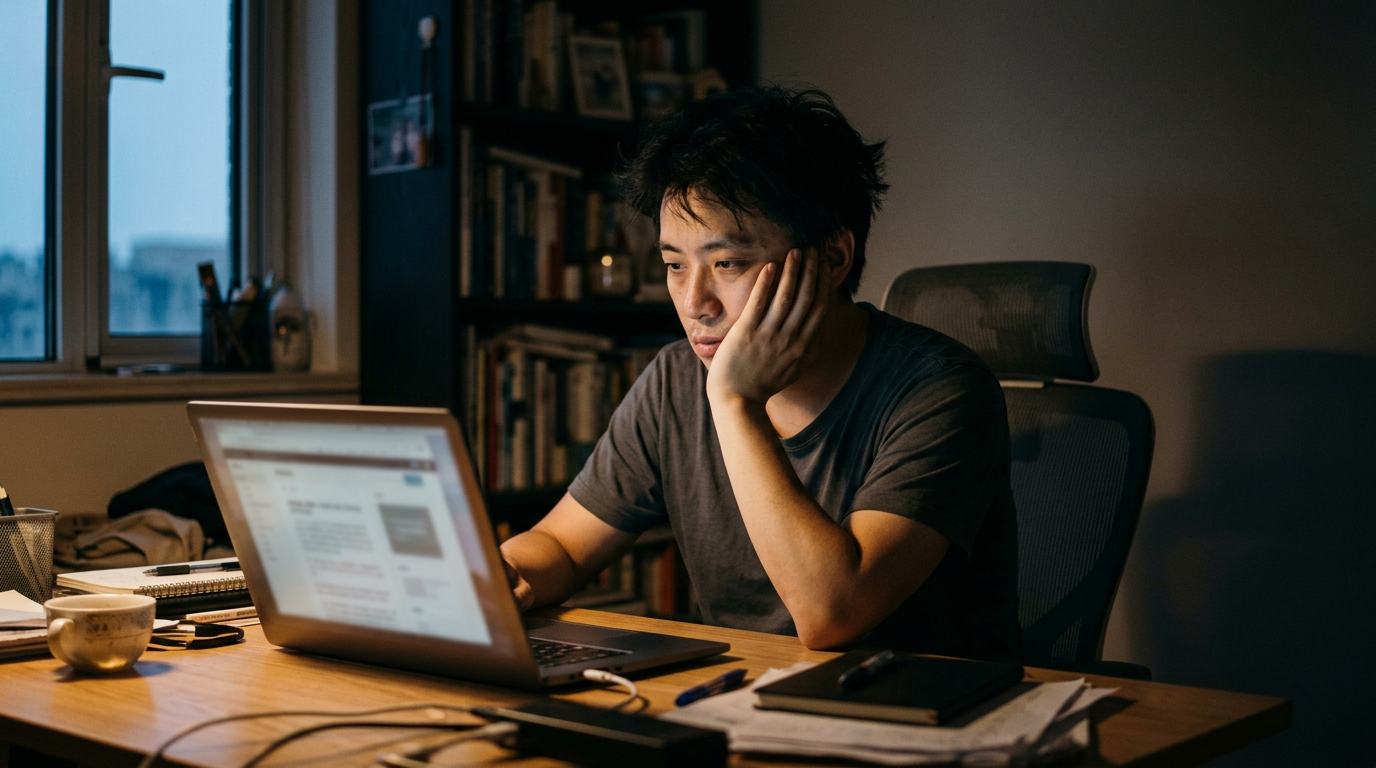 一位年轻男子在黄昏的工作室里,疲惫而困惑地看着笔记本电脑屏幕,画面氛围焦虑而真实。