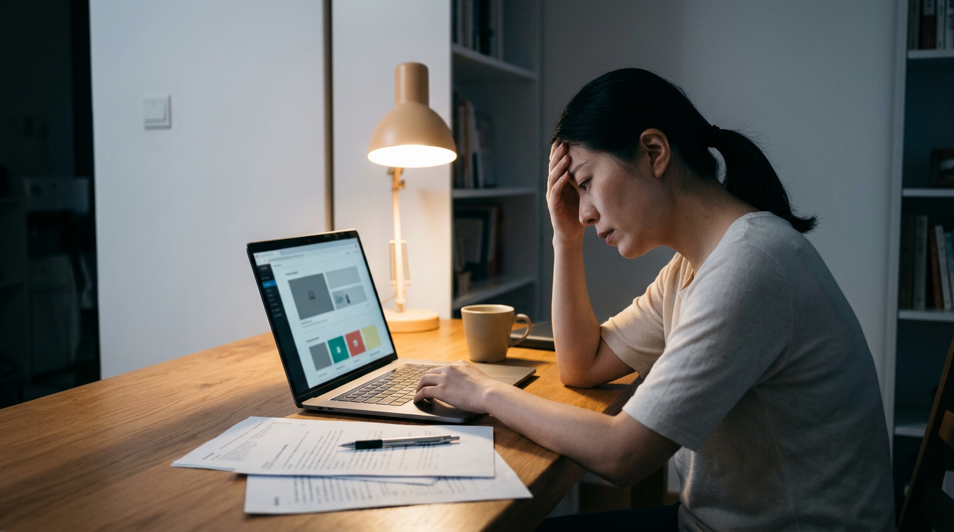 一位中国女性深夜在书房中被凌乱的桌面和电脑排版工作困扰,疲惫地扶着额头。