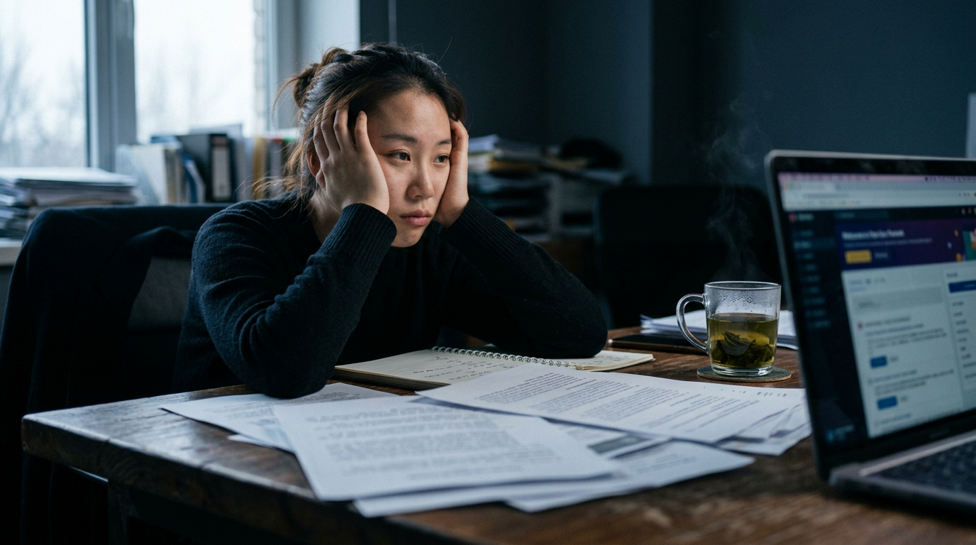 一位中国女性坐在杂乱的办公桌前，双手撑头疲惫地盯着一旁亮着模糊排版界面的笔记本电脑，桌上散落着打印效果混乱的A4纸稿和一杯绿茶。