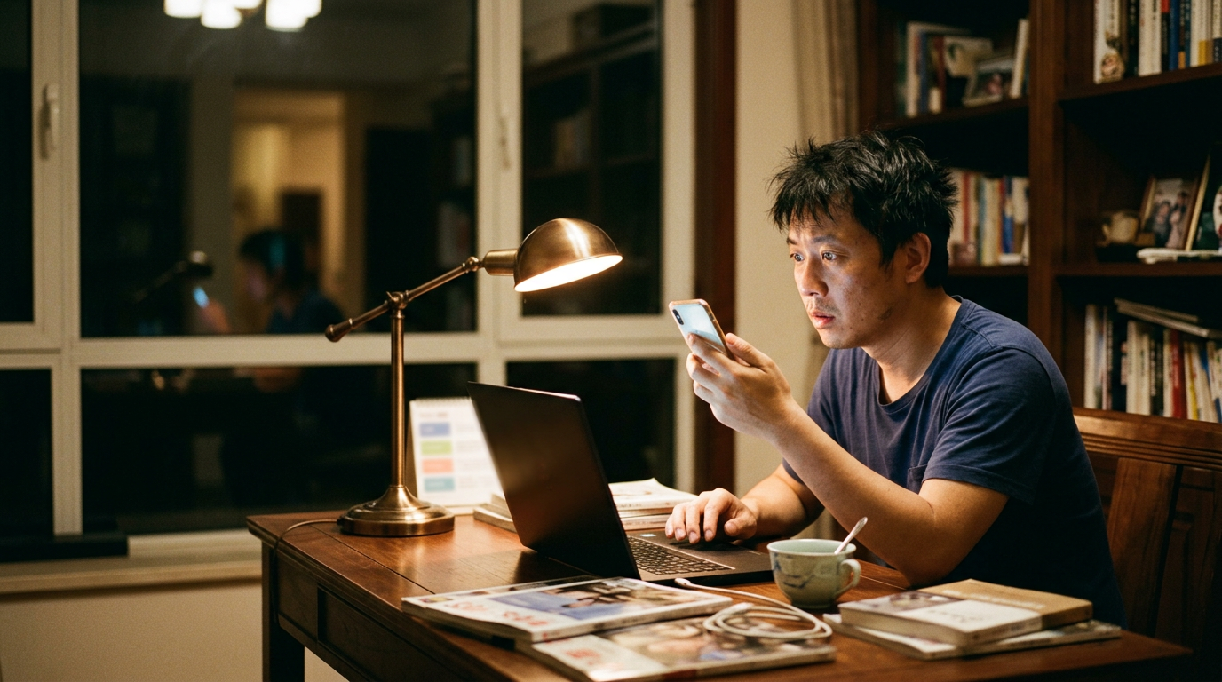 一位中国男性深夜在电脑前排版，拿起手机预览时发现版面混乱，露出惊讶和困扰的表情。