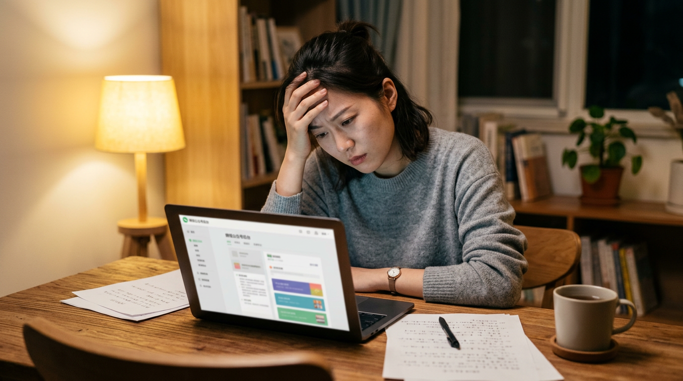 一位年轻女性深夜在家中书桌前撑额发愁，面前笔记本电脑上显示着模糊的公众号编辑界面，桌上散落着文稿和茶杯。