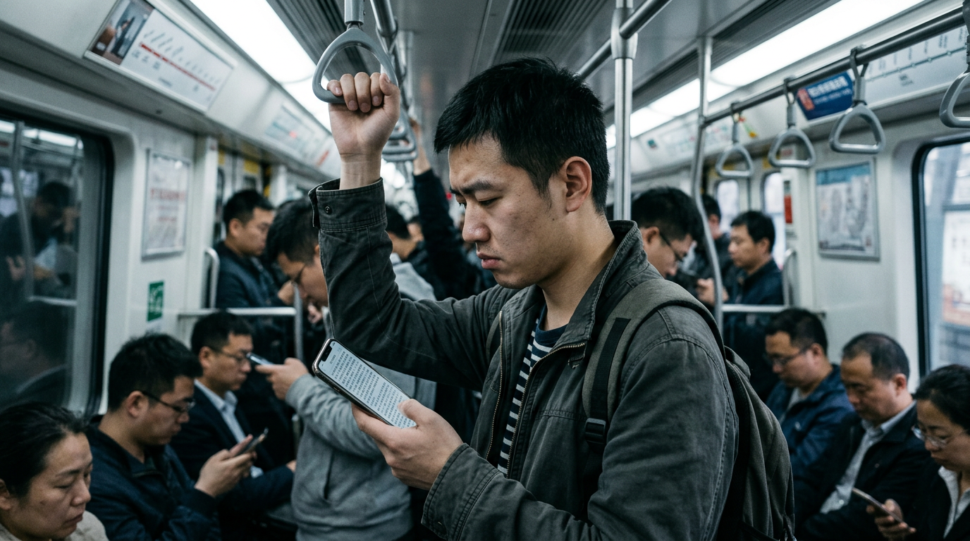 一个中国男子在地铁上用手机阅读一篇完全没有分割线、文字堆叠成墙的公众号文章，表情疲倦。