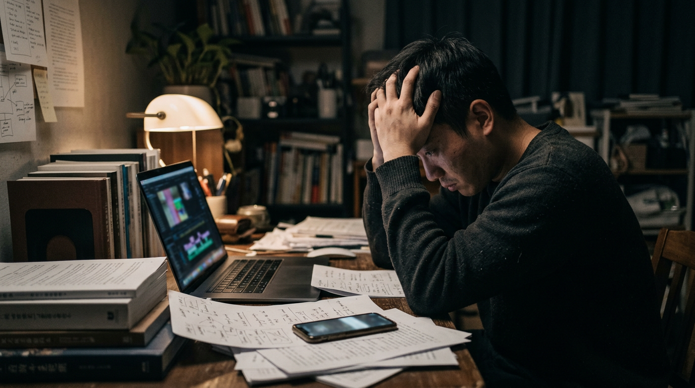 一名疲惫的中国年轻编辑坐在杂乱的书桌前,对着电脑和手机发愁公众号排版。
