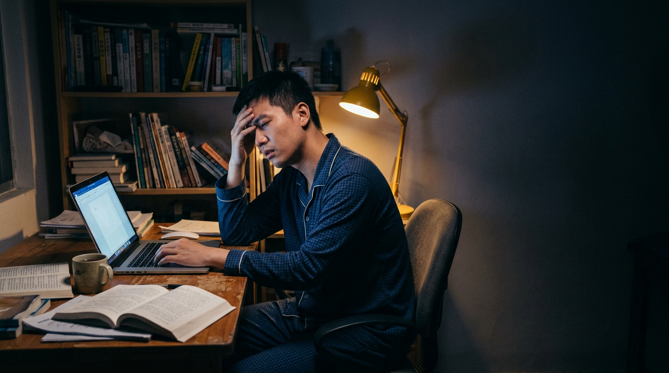 一位疲惫的中国男自媒体人在深夜的书房里靠在椅背上揉着太阳穴,面前是发光的笔记本电脑。