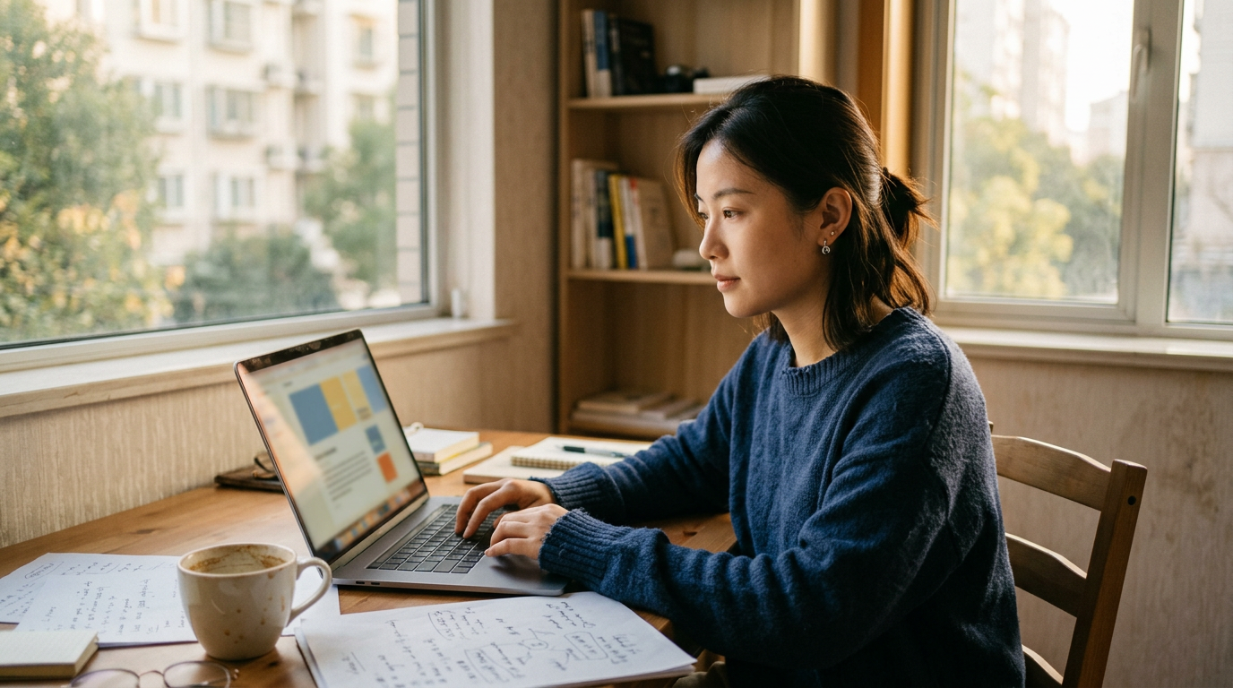 中国女性创作者在暖阳下用笔记本电脑专注写作,桌面简约,屏幕柔焦显示排版界面。