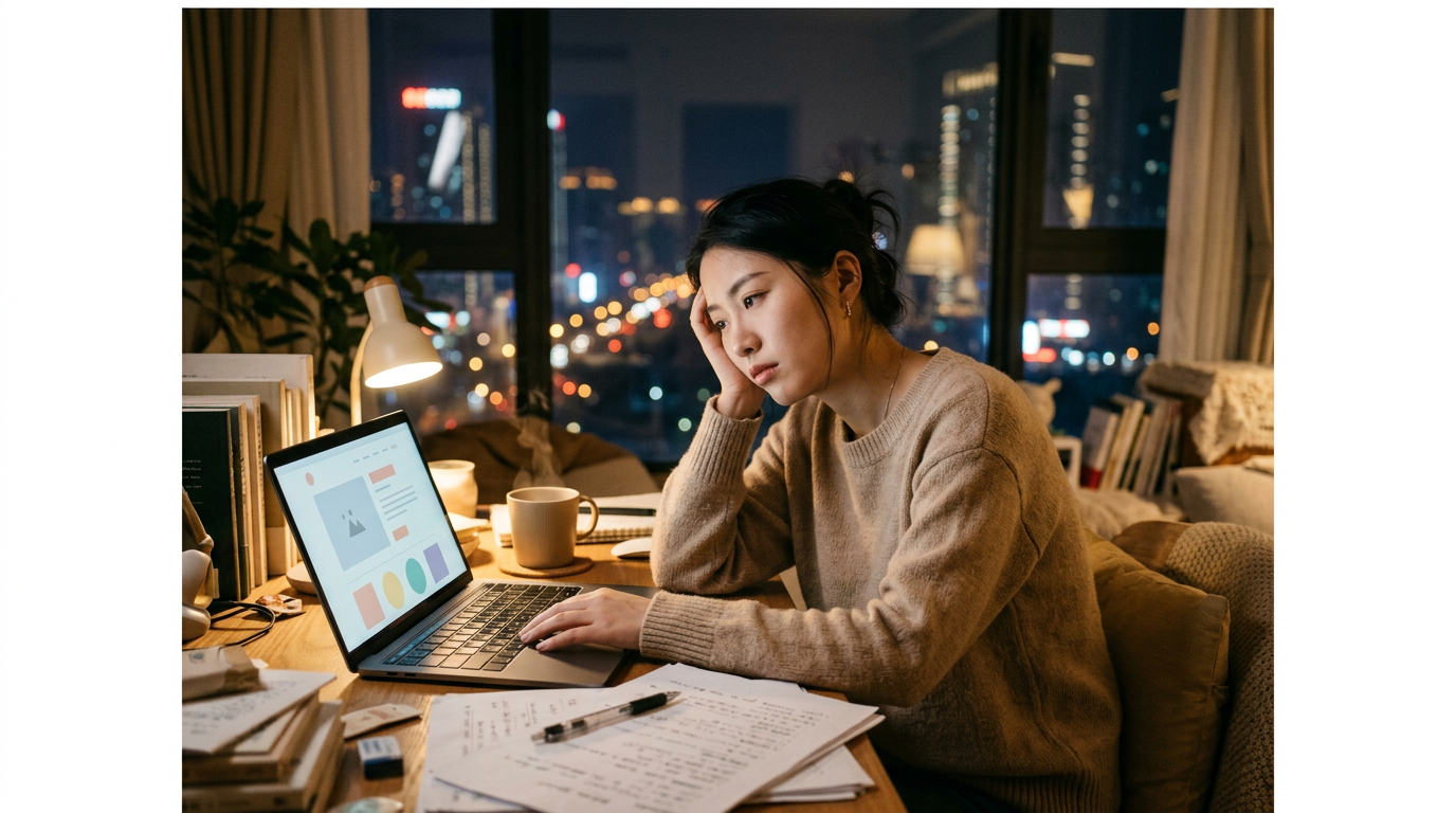 夜晚书房中,一位中国女性面对笔记本电脑,屏幕上有柔和的排版界面,她手扶额头,显得疲惫,桌上有文稿和茶杯。