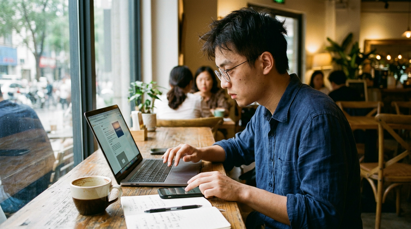 一位中国男性在咖啡馆内操作笔记本电脑和手机，屏幕显示模糊的排版界面