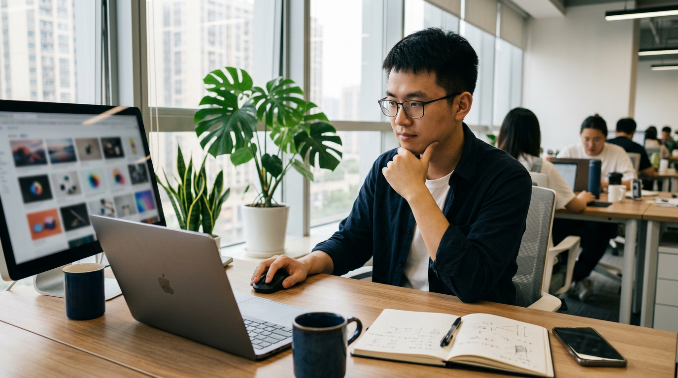 一位中国男性设计师在工位上浏览电脑屏幕上的图库缩略图，屏幕虚化显示网格。